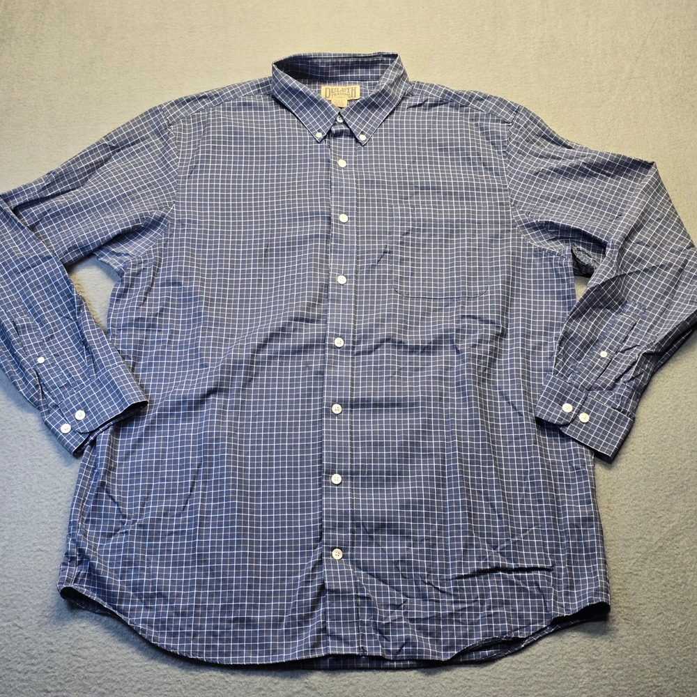 Duluth Trading Co Men XL Tall Blue Grid Plaid Cotton Button Down Shirt LS Pocket